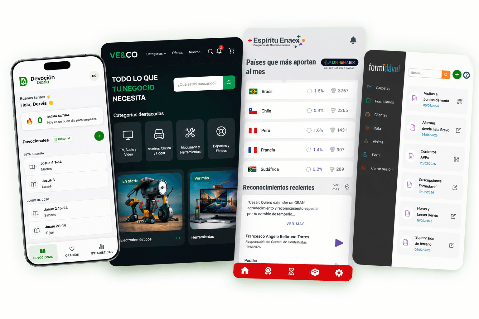 Capturas de productos web y móviles desarrollados por Dervis Gómez