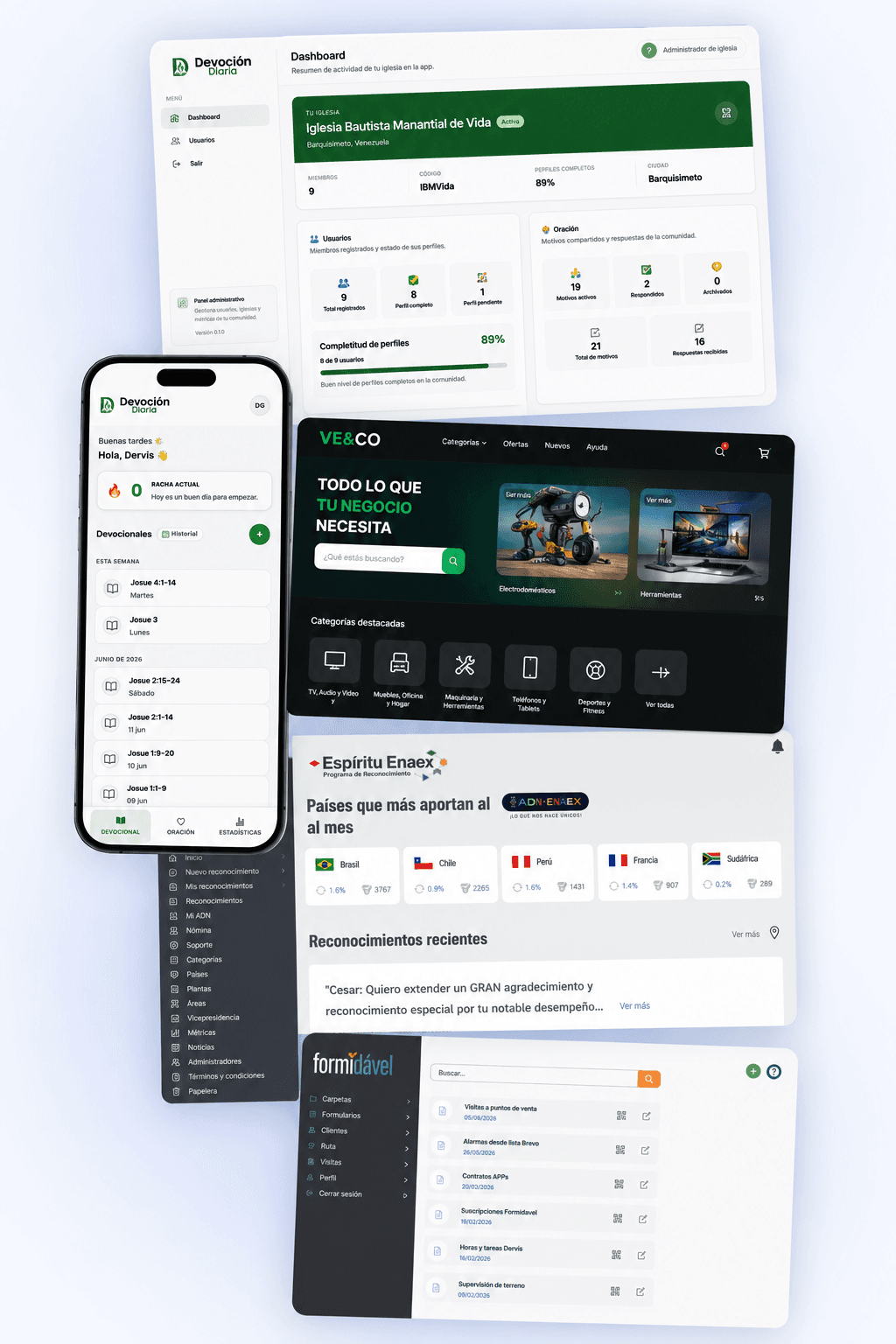 Capturas de productos web y móviles desarrollados por Dervis Gómez